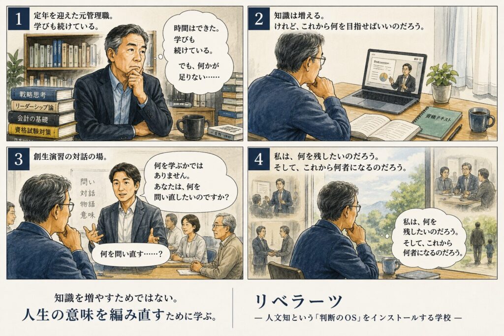 定年後も学び続ける元管理職が、知識を増やす学びから、自分の経験と人生の意味を問い直す創生演習へ進む4コマ