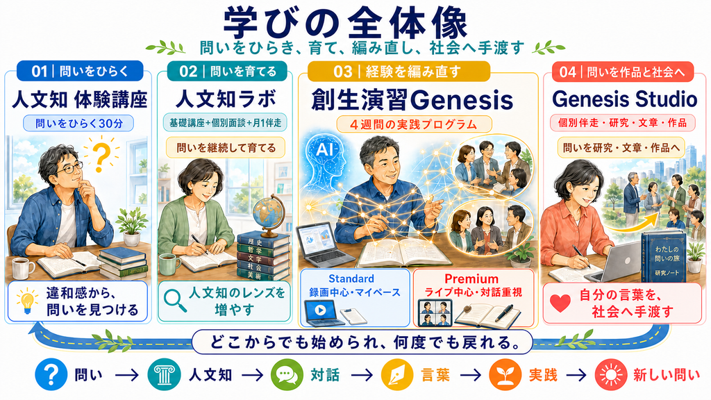 人文知 体験講座、人文知ラボ、創生演習Genesis、Genesis Studioを循環するリベラーツの学びの全体像